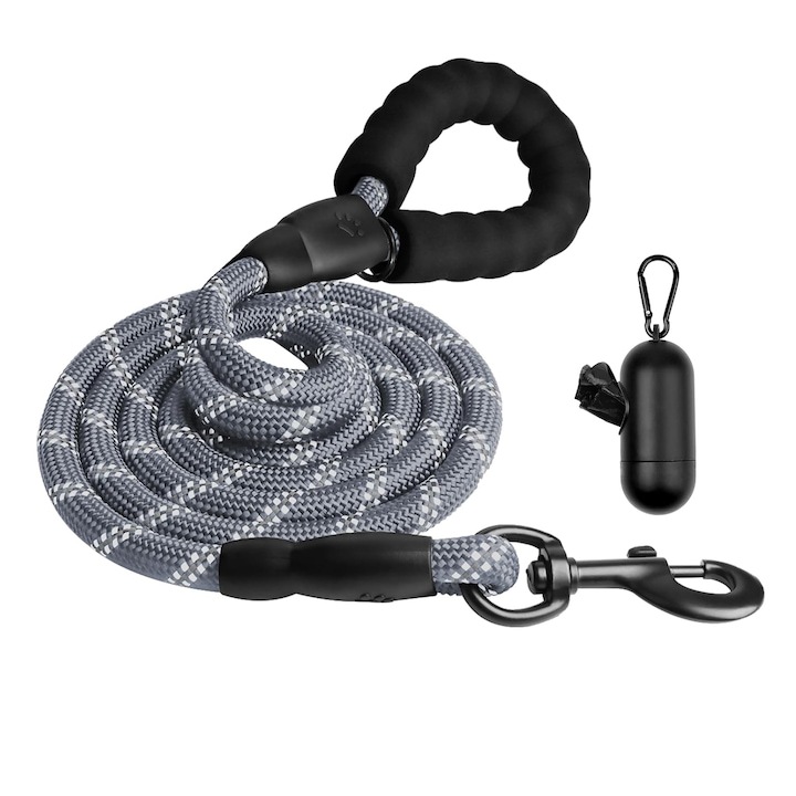 Lesa pentru caini WELUOT, reflectorizanta, cu manere anti-derapante, gri, nylon