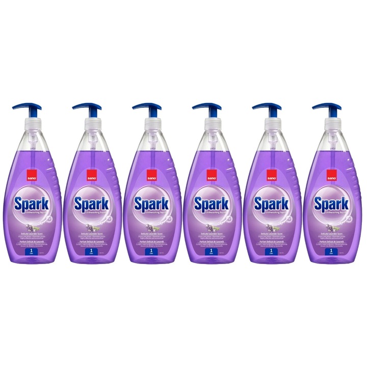 Set 6 x Sano Detergent Vase 1L Spark Lavanda, rapid si eficient, usor de aplicat, testat dermatologic, prospetime de lunga durata, elimina mirosuri neplacute