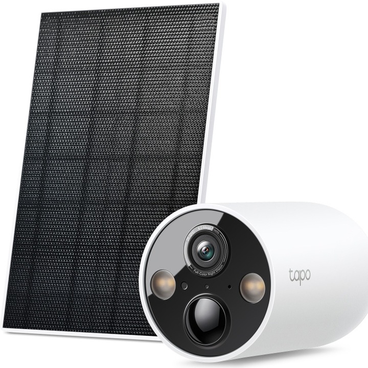Комплект камера за наблюдение + соларен панел TP-Link Tapo C425 KIT, 4MP, 2K QHD 2560 x1440, Цветно нощно виждане, Двупосочно аудио, AI детекция, Светлинна и звукова аларма, Акумулаторна батерия, Инсталация без кабели, 10000mAh батерия, IP66