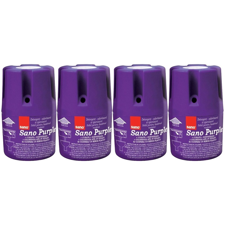 Set 4 x Sano Odorizant Wc Bazin 150G Purple, rapid si eficient, usor de aplicat, testat dermatologic, prospetime de lunga durata, elimina mirosuri neplacute