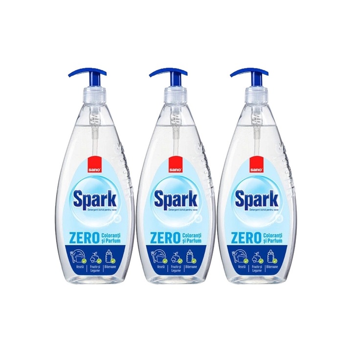 Set 3 x Sano Detergent Vase 1L Spark Zero, rapid si eficient, usor de aplicat, testat dermatologic, prospetime de lunga durata, elimina mirosuri neplacute