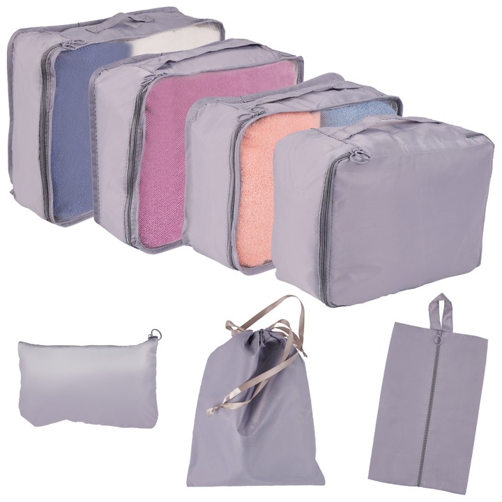 Set 7 organizatoare de calatorie, Luka, poliester, impermeabile, gri, diverse dimensiuni