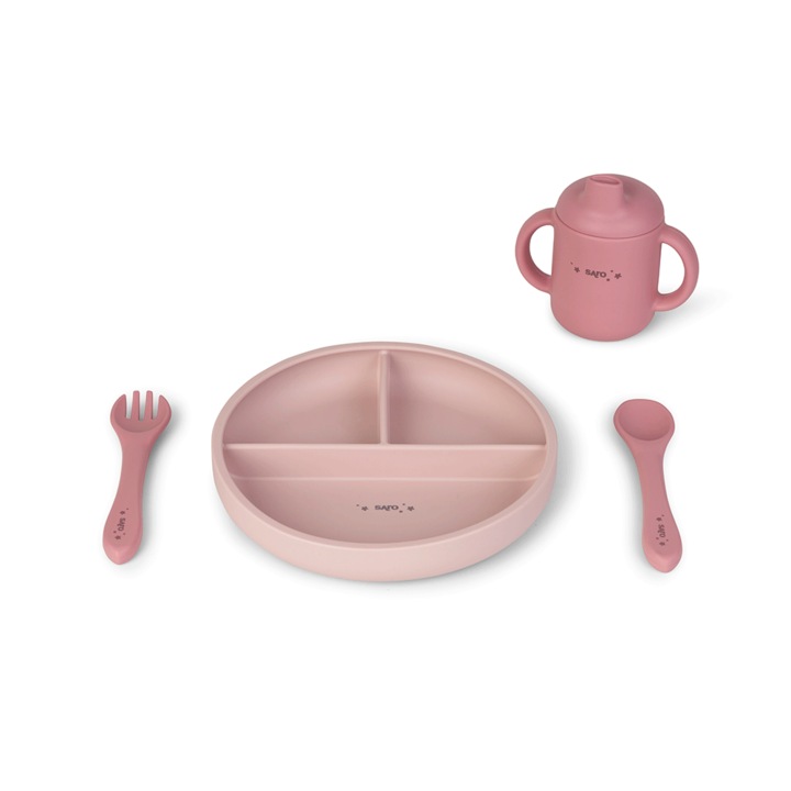 Baba diverzifikációs készlet, prémium élelmiszer-szilikon, 4 db - szekcionált tányér, kanál, villa, csésze - "Food & Fun" Pink