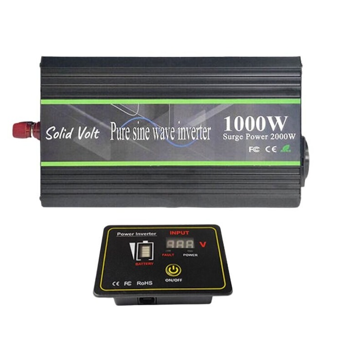 Invertor sinus pur, 1000W/2000W putere continua, unda pura, 24V, auto, panouri solare, rulote, autorulote, cabane, cu telecomanda, Solid Volt