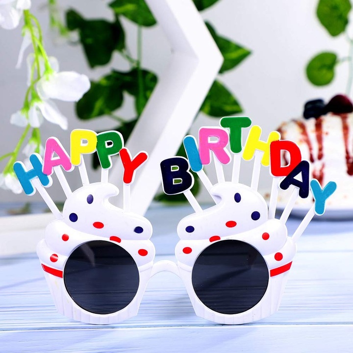 Ochelari Happy Birthday, Southern Sky, Tematica Aniversare, Protectie Soare, din Plastic, Model Prajiturele, 18.5x11.5 cm, Alb