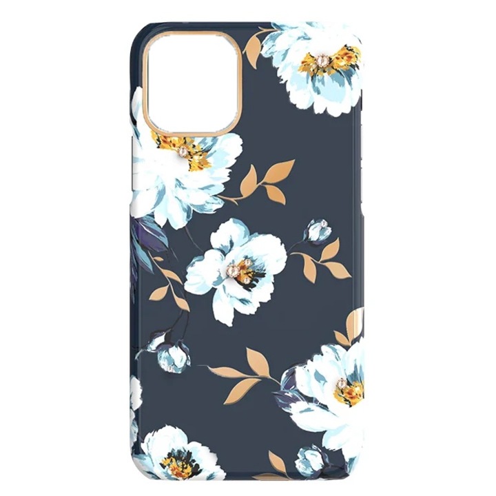 Tok Apple iPhone 12 / 12 Pro telefonhoz, Deluxe Touch Collection: Virágos kiadás, Swarovski kövekkel díszített, Ultra Resistant, Ultra Slim, Karcolásgátló, Anti Shock, Sötétkék