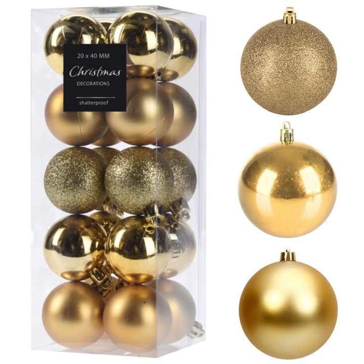Globuri De Craciun Aurii, Openhome, 20 Bucati, 4 cm, Mate, Lucioase Si Cu Sclipici, Cu Agatatori, Rezistente La Spargere, Usoare Si Sigure, Pentru Mai Multe Sezoane, In Cutie, Ideale Pentru Brad, Aranjamente Si Decor