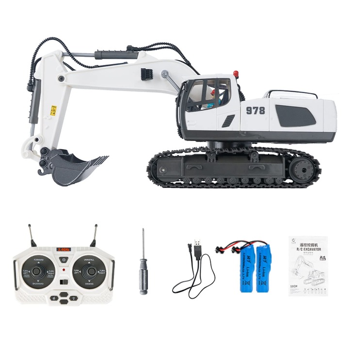 Играчка багер LYCENXI 1/20 RC, 11 канала, бял, със светлини и музика