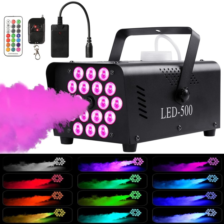 Masina de fum cu lumini, 18 LED, 500W, 2000CFM, efecte speciale, cu 2 telecomenzi fara fir si 13 efect de lumini colorate, masina de ceata interior exterior pentru petreceri DJ, WALALLA, negru