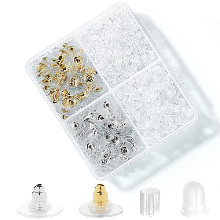 Set 500 bucati, dopuri pentru bijuterii tip cercei, modele variate pentru prinderi diferite, tematica be safe and organized, multicolor, EFAYN