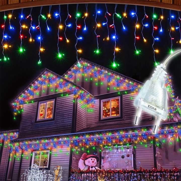 Ghirlanda Luminoasa Tip Franjuri EDAR, Instalatie De Craciun Perdea Pentru Exterior/Interior, 20m, 400 Leduri, Fir Transparent, Multicolora, Flash, Interconectabila