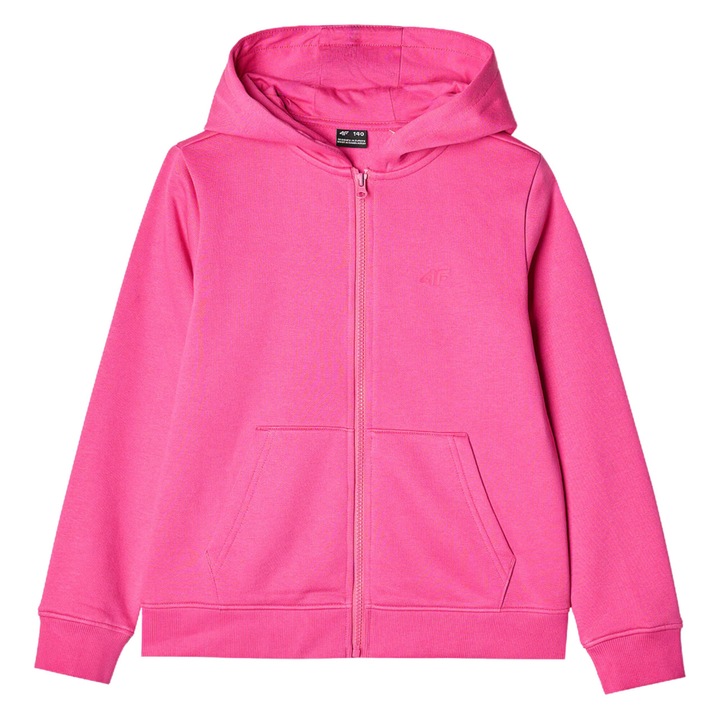 Детски суичър 4F, с цип, качулка, розов, памук/полиестер