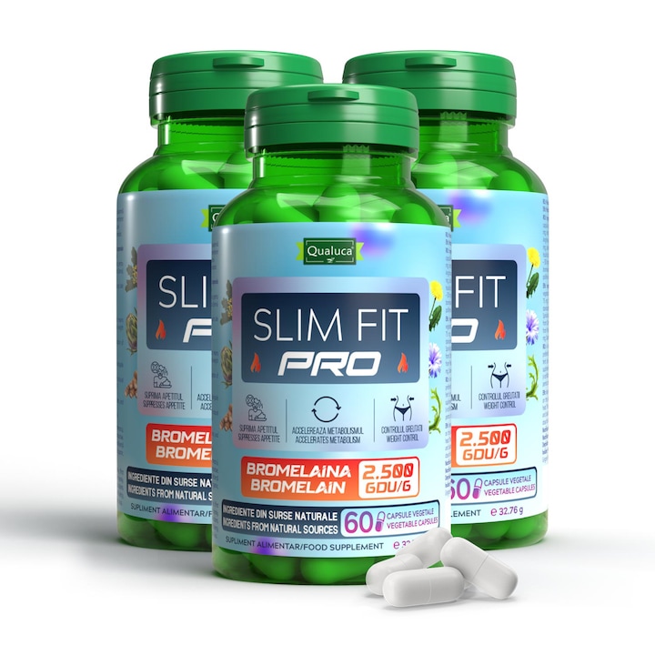 Pastile de slabit, Qualuca Slim Fit PRO cu Bromelaina 2500GDU/g – 180 capsule vegetale, supliment alimentar, 90 de zile