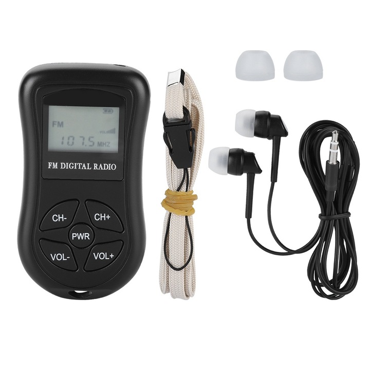 Radio digital portabil cu afisaj LCD, casti, snur, 8.5x4.6x2cm, 60-108MHZ