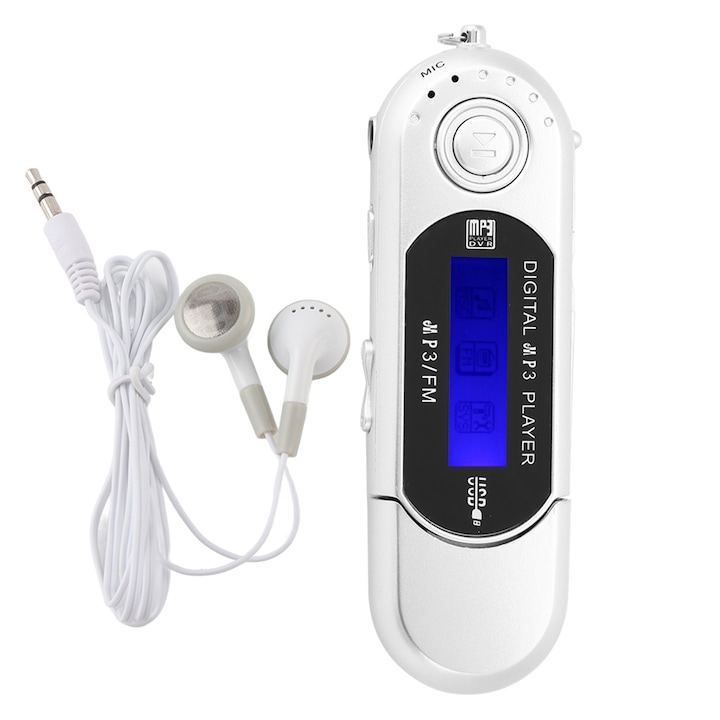 Hordozható MP3 lejátszó, ezüst színű, méretek 95x26x16 mm, micro SD kártyákat támogat akár 32 GB-ig, FM rádióval