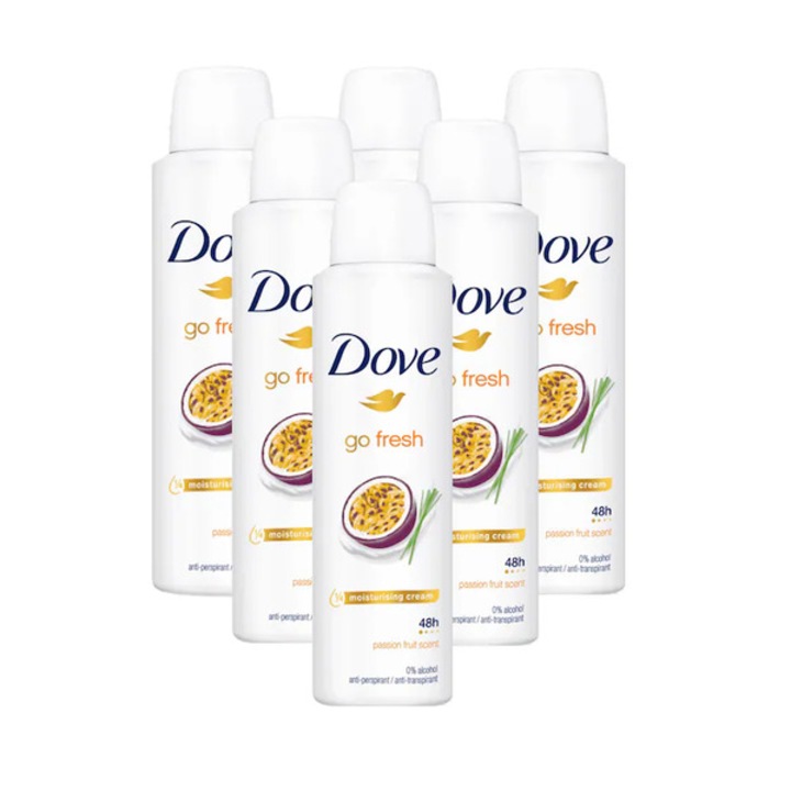 Set 6 x Deodorant Dove Go Fresh Fruit Passion & Lemongrass, 48h protectie, pentru femei, 200ml