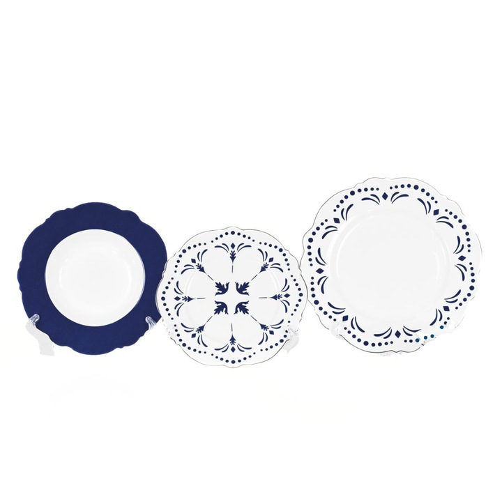 Set 18 farfurii din portelan alb cu albastru si bordura argintie Preziosa Luxury Home