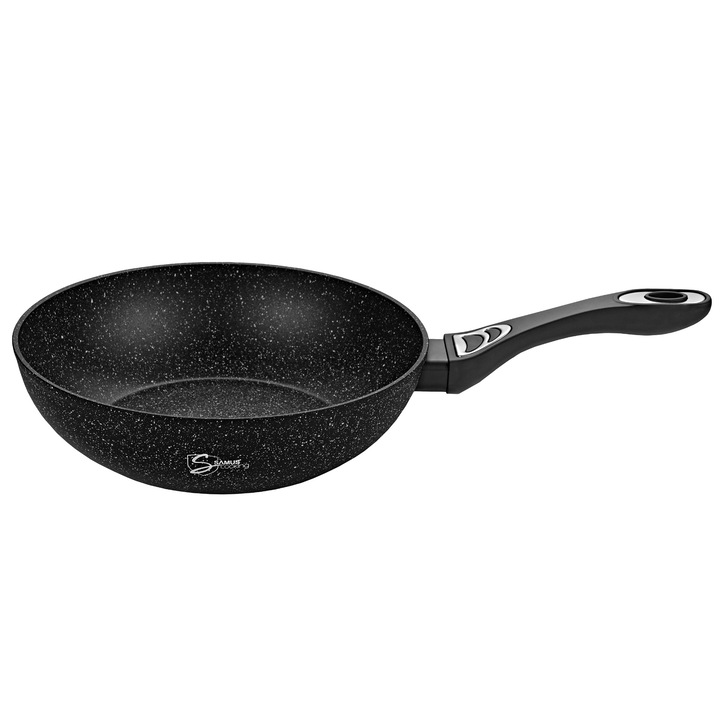 Tigaie Wok antiaderenta Samus VER302WPB-30 cm, Invelis marmura antiaderenta, Rezistenta la abraziune si la temperaturi inalte