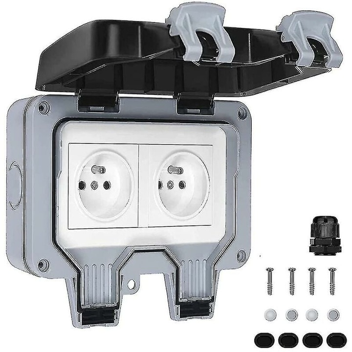 Priza dubla de exterior 0805BM-BST3124856, IP66, cu capac etans si gland pentru montaj pe perete, Multicolor