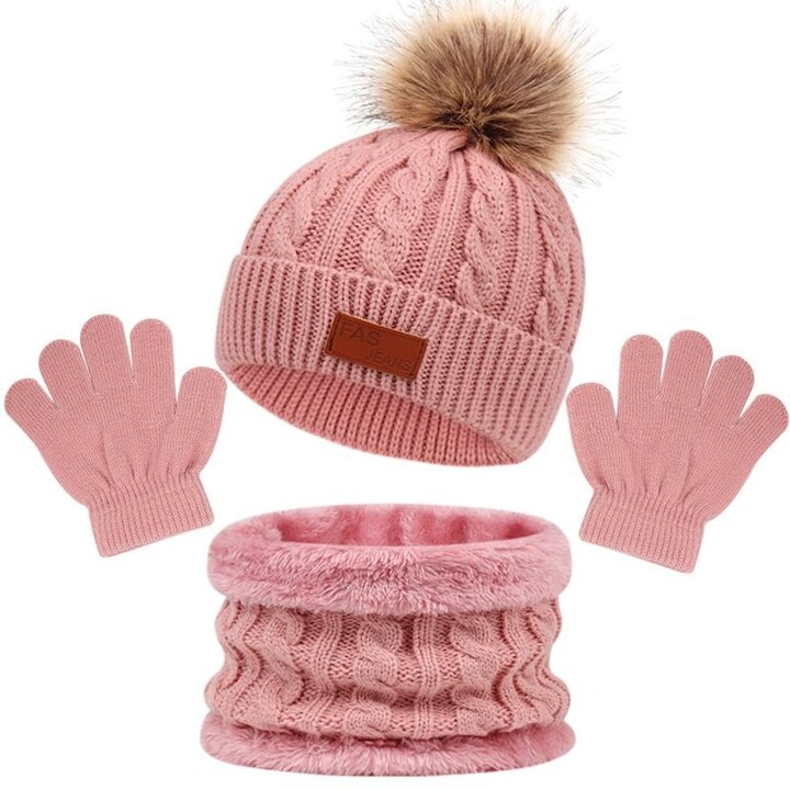 Set caciula, fular si manusi pentru copii, WELUOT, tricot, roz, 1-5 ani ...