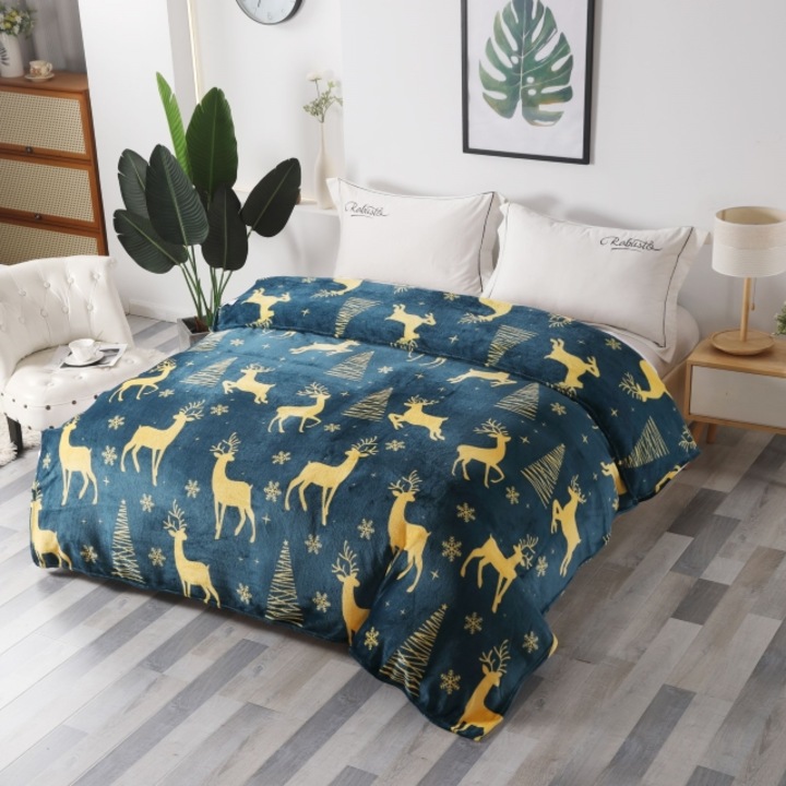 Patura Dubla Cocolino, 2 persoane, 200x230cm, Imprimeu Craciun, Reni, Verde-Bej