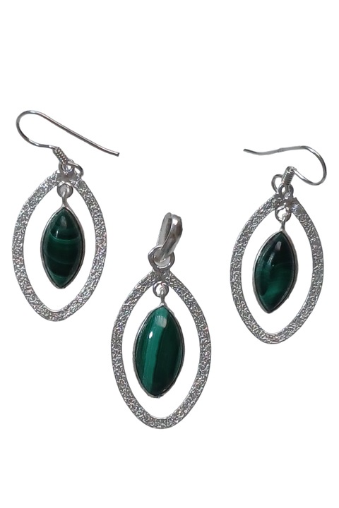 Set cercei si pandantiv din argint 925, TSR cu piatra naturala malachit model 4MSS10