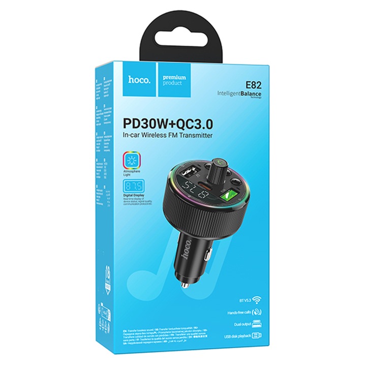Hoco (E82) Modulator FM, 30W, 5V, 4.5A, 1xUSB-C, 2xUSB-A, PD, QC 3.0, Inteligent Balance, Lumina Ambientala, Negru