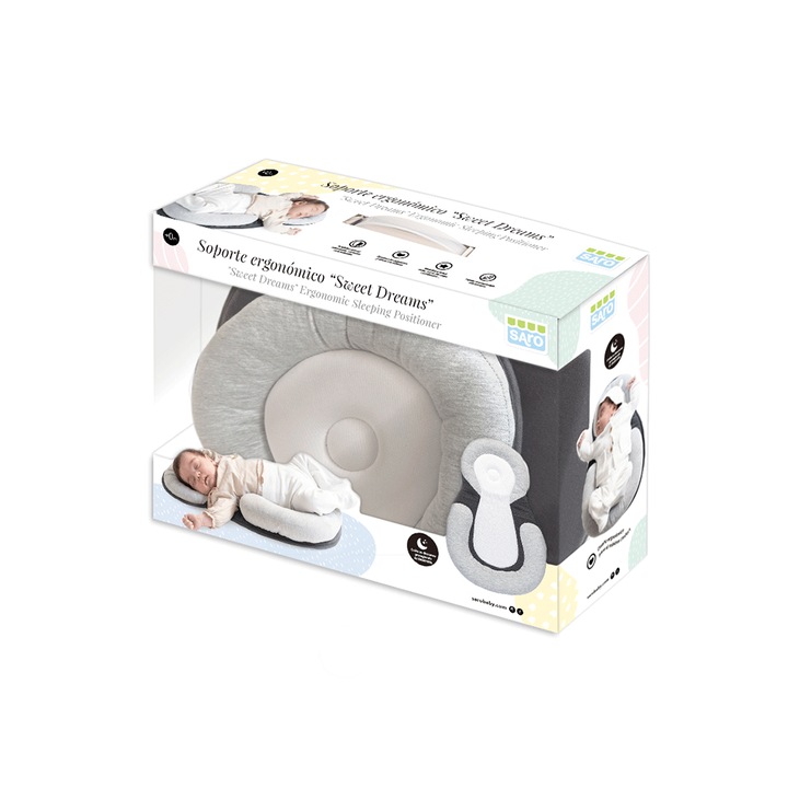 2 в 1 опора за сън, Антиплагиоцефалия и антирефлукс, Поддържа шийните прешлени, Дишаща материя, С подвижна вложка, Сладки сънища, Сив