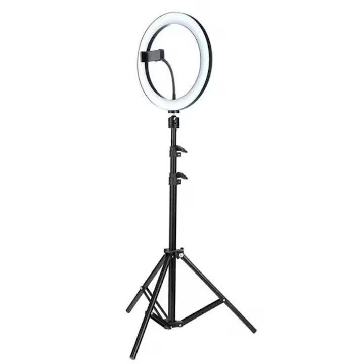 RING LIGHT LED körlámpa, átmérő 26 cm, 3 féle meleg/hideg/semleges fény, 10 fokozatú fényerősség, vezetékes távirányító, telefontartó, állvány 210cm