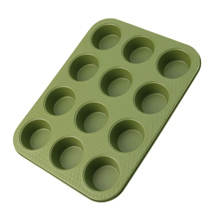 ZASS Gourmet тава за печене на 12 мъфина, ZG-BW 01, 35x26.5x3cm, Въглеродна стомана, Незалепващо покритие, Съвместима с газова и/или електрическа фурна, Зелен цвят