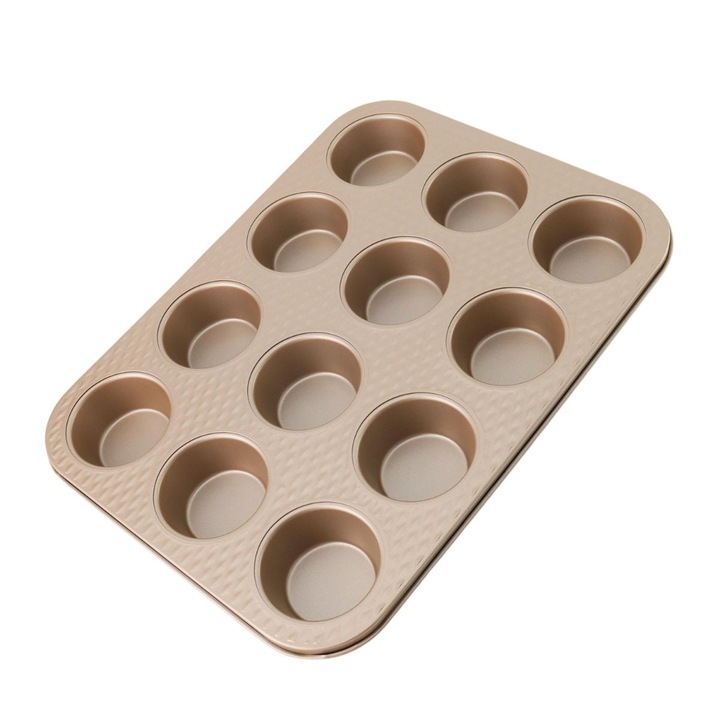 Tava de copt pentru 12 briose ZASS Gourmet, ZG-BW 01, 35x26.5x3cm, Otel carbon, Acoperire antiaderenta, Compatibilitate cuptor cu gaz si/sau electric, culoare Bronz