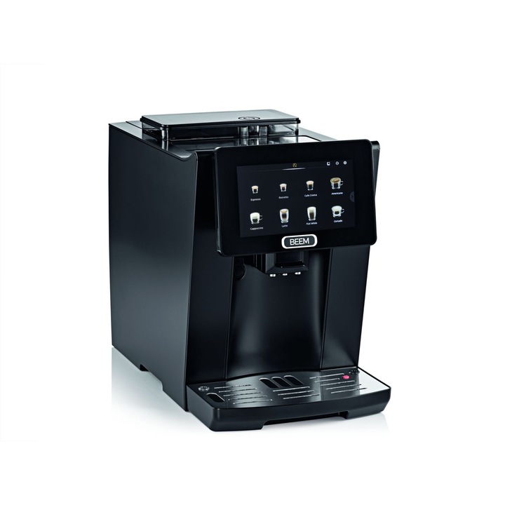 Автомат. машина за еспресо BEEM, Profession, 2 л резервоар за вода, 14 програми, капацитет кафе на зърна 250 g, 7'' TFT LCD сензорен екран, автоматично спиране, 600мл контейнер за мляко, конусов мелачка, самопочиств се, индикатор за декалцификация, черен