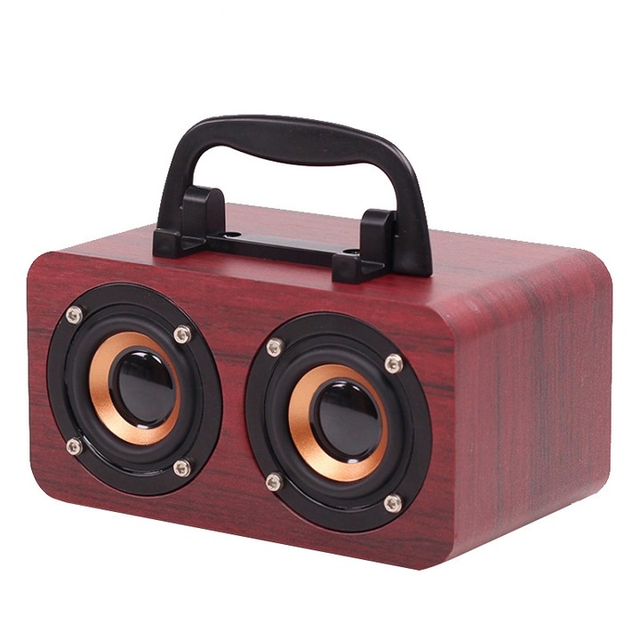 Boxa portabila A+ FT-4002, Subwoofer wireless Bluetooth, rosuare MP3 de pe card TF si USB, Lemn rosu