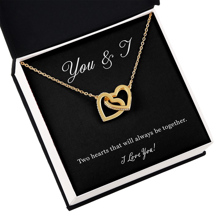 JOYSTOS, Подаръчен комплект за съпруга или приятелка - Колие от 18K позлатена неръждаема стомана със свързани сърца, злато, романтично послание в кутия „Ти и аз. Две сърца, които винаги ще бъдат заедно. Обичам те.“ и скреч карта