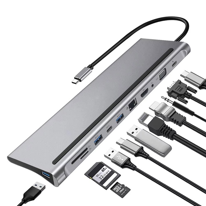 Adapter dokkoló állomás USB-C, 11 az 1-ben, 1 x 4k HDMI, 1 x VGA port, 2 x USB3.0, 1 x USB2.0, 1 x USB-C adatport, 1 x TypeC PD port, 1 db RJ45, 1 db SD kártyahely, 1 db TF kártya, 1 x 3,5 mm-es audio / mikrofon