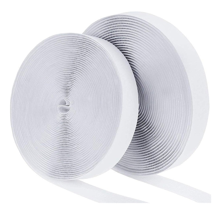 Banda adeziva textila velcro, WELUOT®, arici pe ambele parti, adeziv heavy duty spate, 2 cm x 10 m, alb