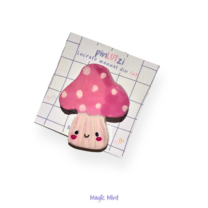 Brosa pin lut ciupercuta roz cu buline