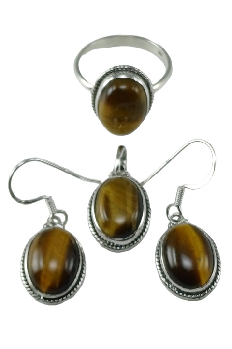 Set cercei inel si pandantiv din argint 925, TSR cu piatra naturala ochi de tigru model 3MSS10