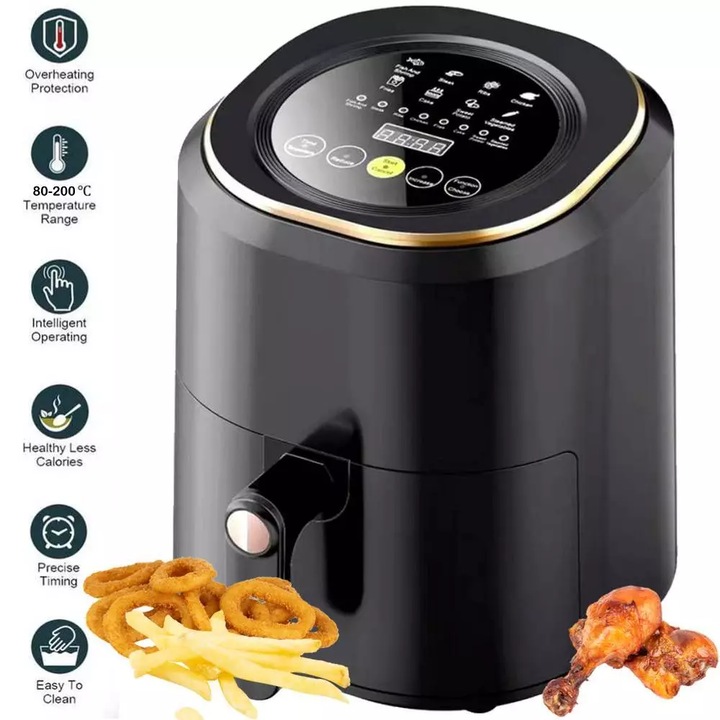 Olajmentes olajsütő forró levegővel, 1400 W-os sütési funkció, 7 sütés, 5 literes légsütő