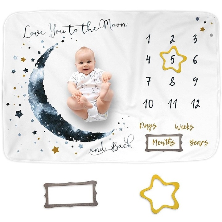 Бебешко одеяло WELUOT, Milestone, 100x150 см, полар, бяло