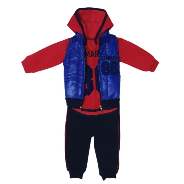Compleu thermo 3 piese, hanorac rosu cu gluga, vesta albastra, pantaloni negri