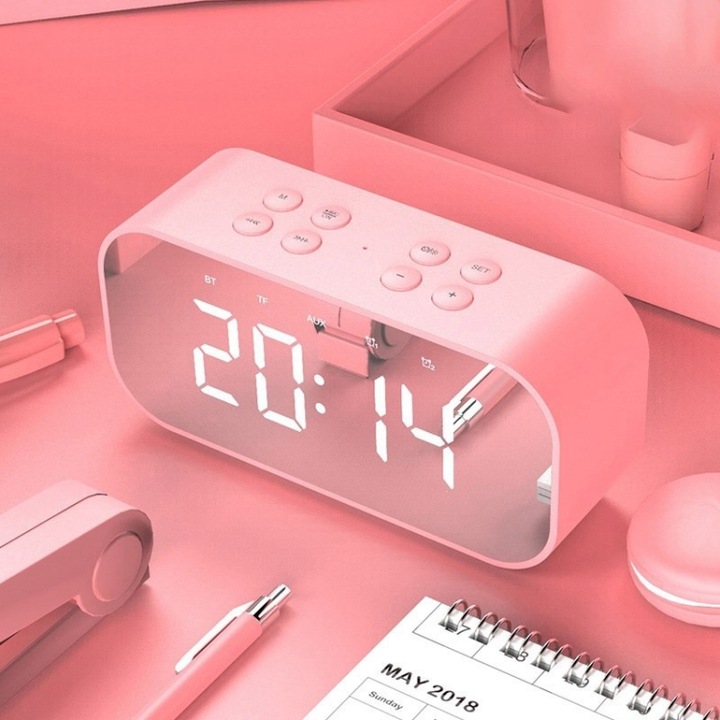Boxa portabila Bluetooth, afisaj LED, ceas cu alarma, oglinda, suport pentru card TF, roz