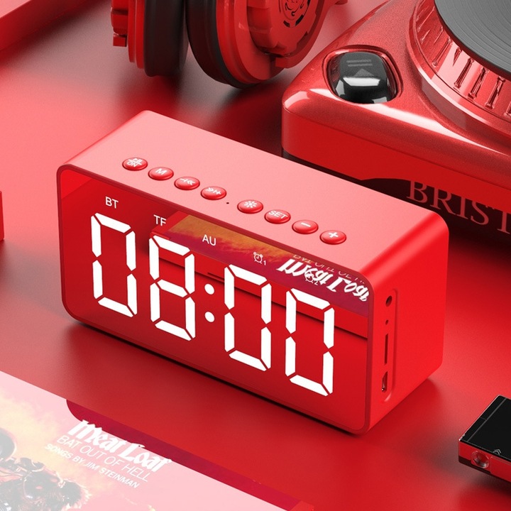 Boxa portabila, oglinda, afisaj LED, ceas, alarma duala, snooze, apeluri hands-free HD, stereo HiFi, Rosu