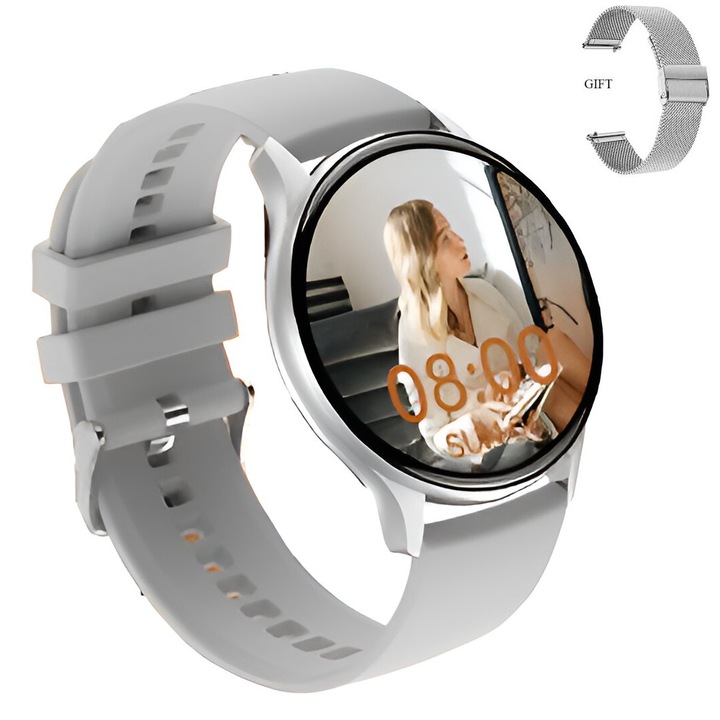 Ceas Smartwatch Amoled, matcso®, Display 1.43 inch, Rezolutie 466*466 HD, Rezistent la Apa IP68, Incarcator Magnetic, Notificari Apeluri/Sms/Social Media, Monitorizare Activitati Fizice, Somn, Ritm Cardiac, Tensiune, Pedometru, Player Muzica, Silver