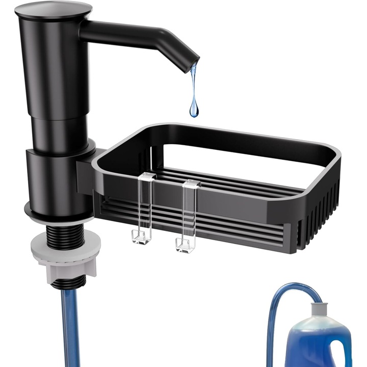 Вграден дозатор за препарати, с държач за гъба, съдове и аксесоари, черен