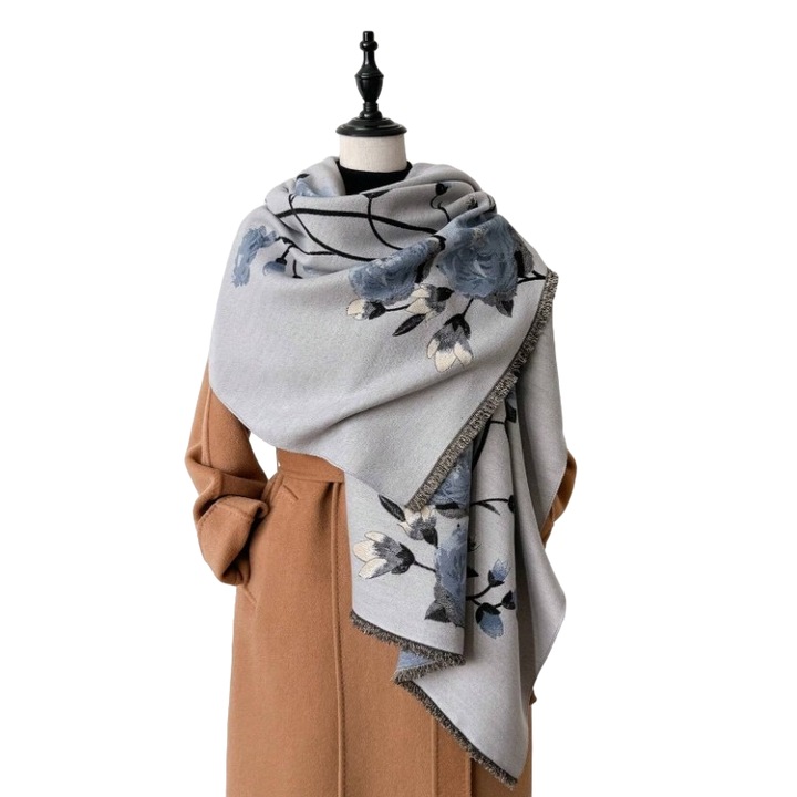 Esarfa lunga tip sal pentru dama din materiale premium, model floral, culoarea albastru gri deschis, theCasius.®