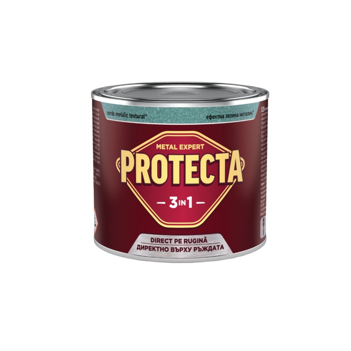 Боя за метал 3в1 Protecta, За черни метали, Преобразува ръжда, Едновременно грунд и декоративно покритие, Може да се нанася директно върху ръждата, Гланц покритие, 2.5Л, Ефектен Зелен Металик