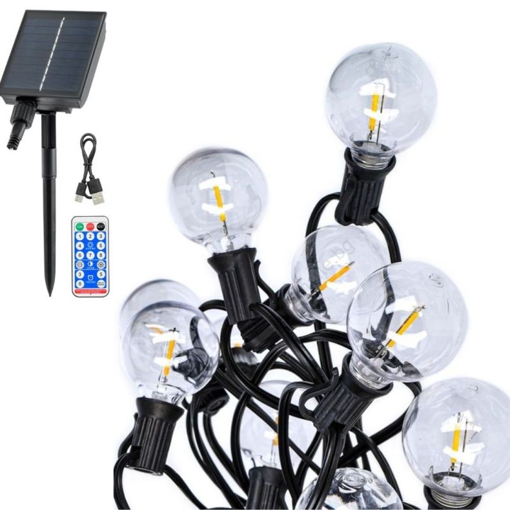 LED Гирлянд, FLAG LIGHT, 10 крушки G40 Е12, 5 м., Топла светлина, Соларно захранване