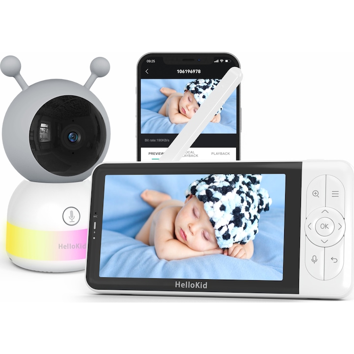 Бебефон Smart WiFi 3 в 1 Околни светлини HelloKid™ DUO MAX 4K UHD/5” Multi View, Приложение за смартфон/таблет, Откриване на температура, движение, звук, влажност, Night Vision, 355°/45°, Двупосочен звук, 4x увеличение, 300mAh, ECO режим, Grigio