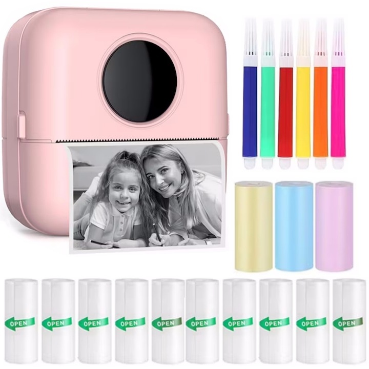Poza Cu Inprimanta Roz Imprimanta termica portabila, Dytimeem D9023, Bluetooth, roz, set cu ...